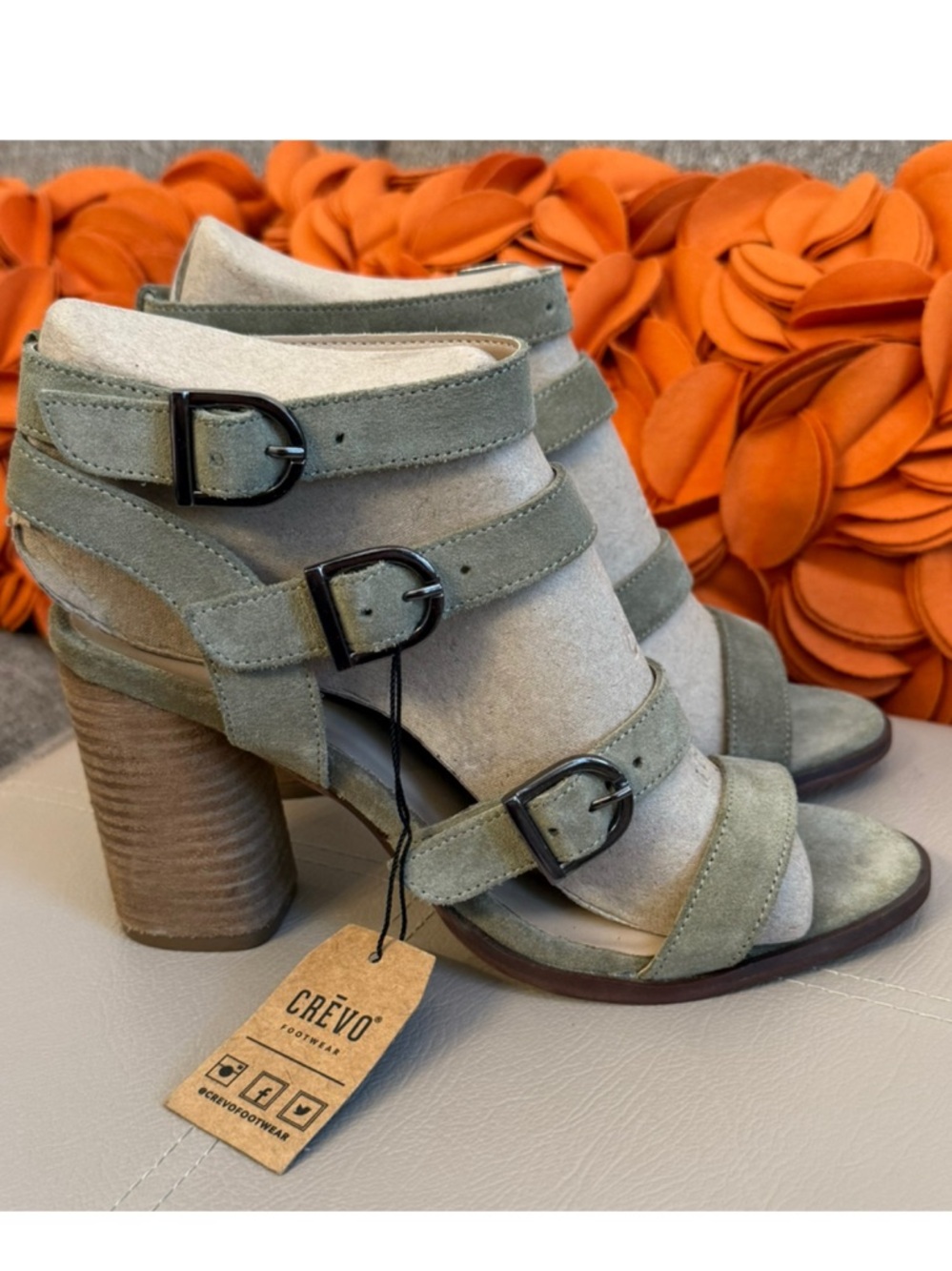 NWT Crevo Macer Sage Green Leather Buckle Heeled Sandals
